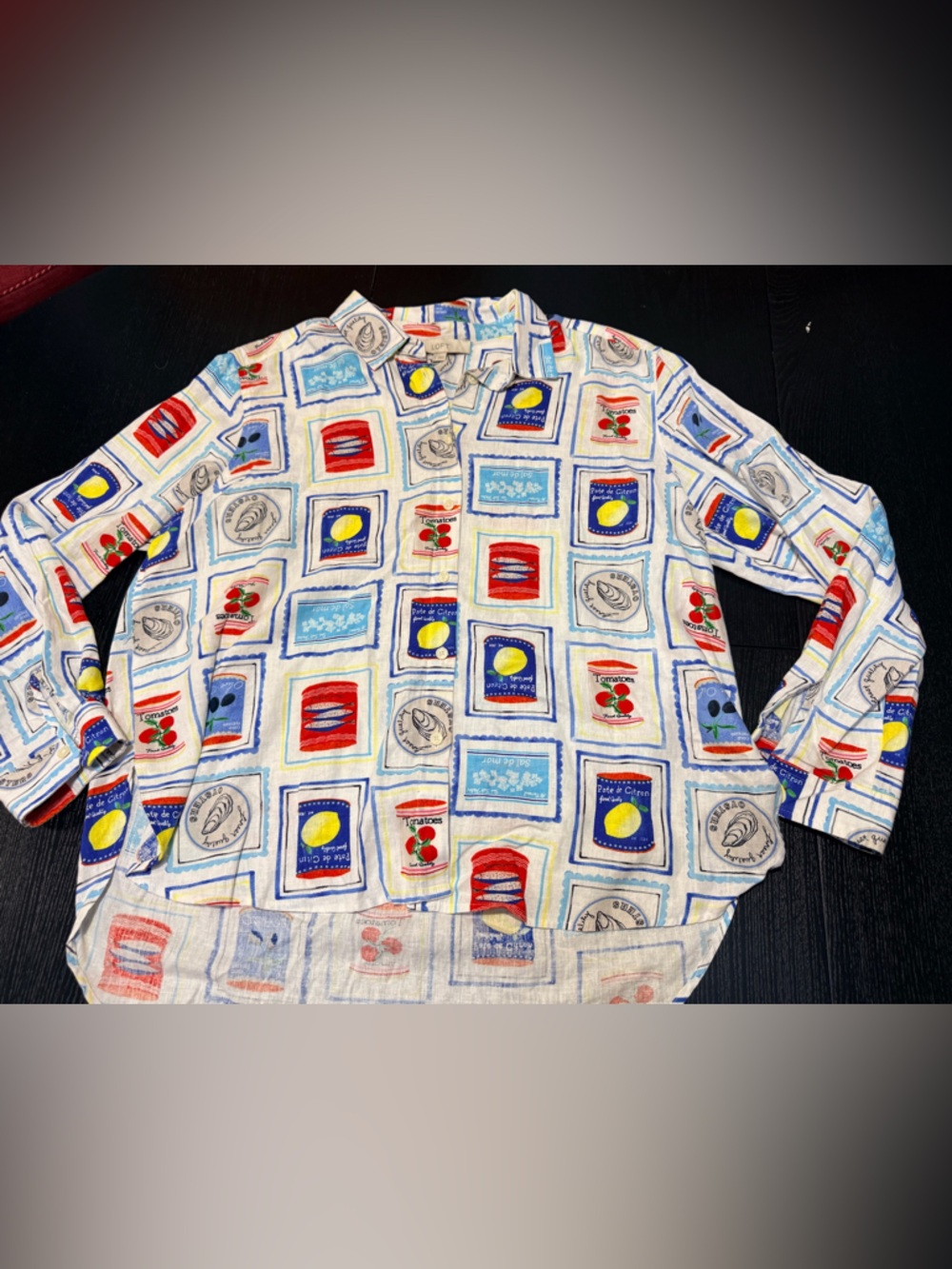 LOFT White Button-Up Shirt with Blue and Yellow Graphic Trim